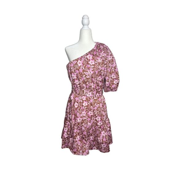 Jason Wu‎ One Shoulder Puff Sleeve Floral Belted Mini Dress Pink Tan Size Large - Picture 1 of 7